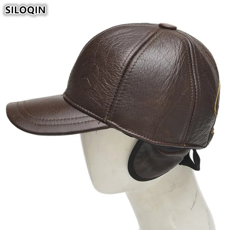 

SILOQIN Adjustable Size Men's Earmuffs Hat Thick Warm Baseball Caps Genuine Leather Hats New Cowhide Leather Cap Men Brands Cap