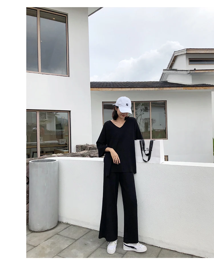 Knitting Female Sweater Pantsuit For Women Two Piece Set Knitted Pullover V-neck Long Sleeve Bandage Top Wide Leg Pants  Suit