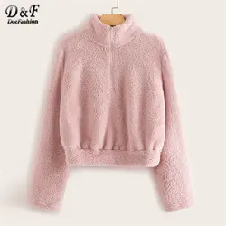 Dotfashion Розовый Повседневный плюшевый свитер с молнией спереди для женщин 2019 зимние однотонные милые толстовки со стоячим воротником