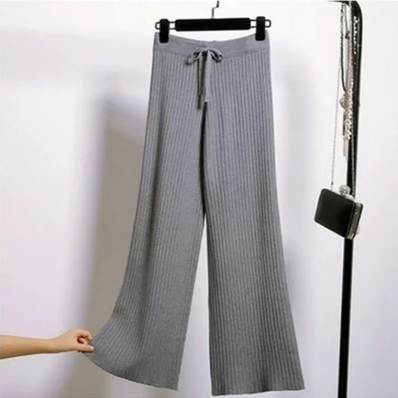 GareMay, осень, теплые плотные повседневные Прямые штаны для женщин, зимние женские свободные трикотажные широкие брюки на завязках, повседневные брюки - Цвет: Gray