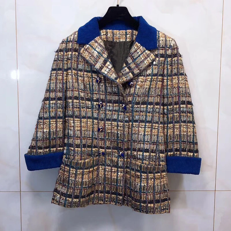 

2019 Autumn Coat New Fragrant Wind Short Coat Woven Tweed Coat V-Neck Open Stitch Print Coats and Jackets Women