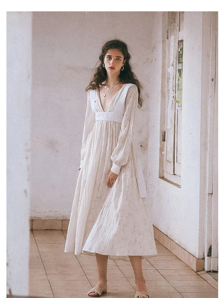 

Original Design AIGYPTOS Spring Autumn Women Dresses Vintage Elegant Slim Deep V-Neck Sexy Backless Cotton Blend Holiday Dresses
