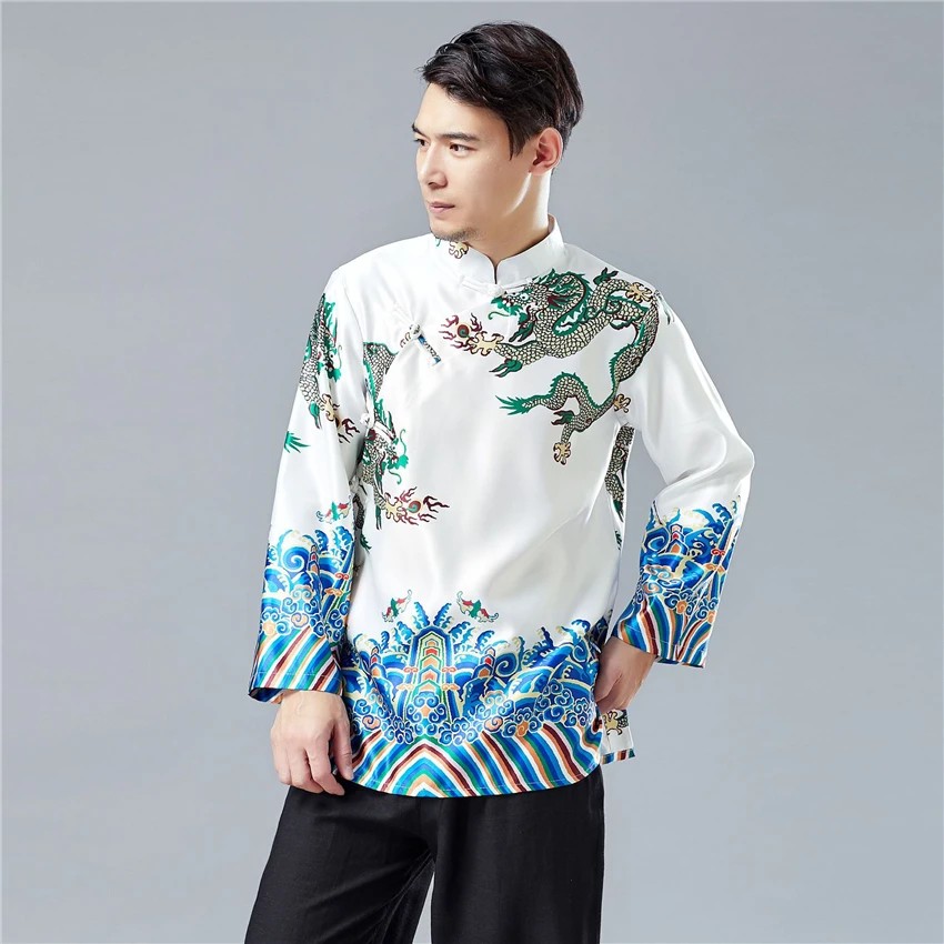 Traditional Chinese Clothing for Men Long Sleeve Shirt Print Dragon Mens Retro Tang Suit Chinese Fashion Style Cheongsam Top