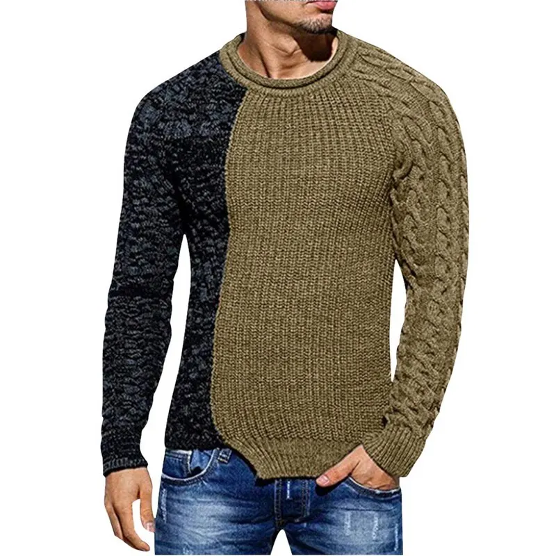 

HEFLASHOR 2019 Autumn Winter Men Sweater Fashion Round Neck Color Matching Long Sleeve Wild Pullover Slim Patchwork Sweater Mens