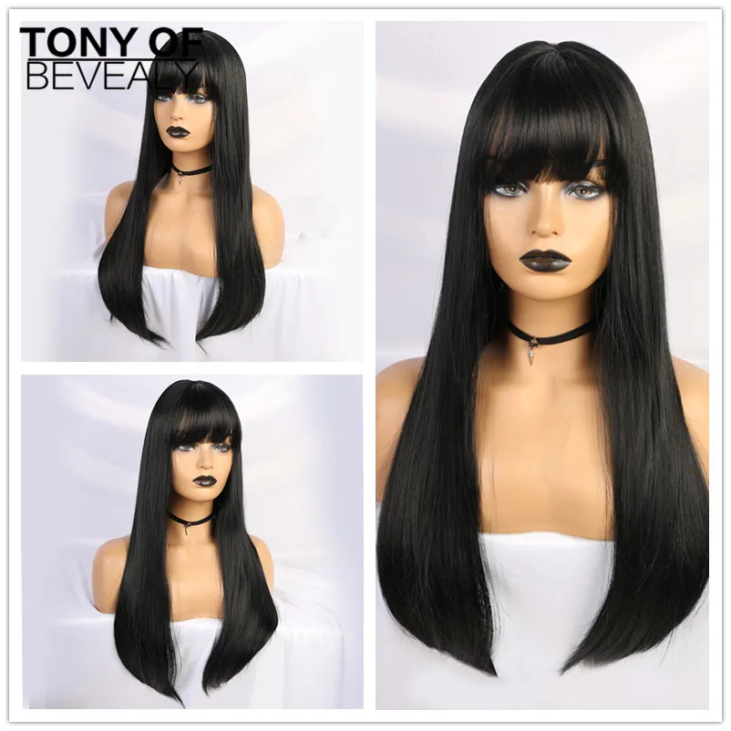 Длинные волнистые черные до коричневые волосы Омбре термостойкие синтетические парики с челкой для женщин афроамериканские натуральные парики на каждый день - Цвет: lc143-black