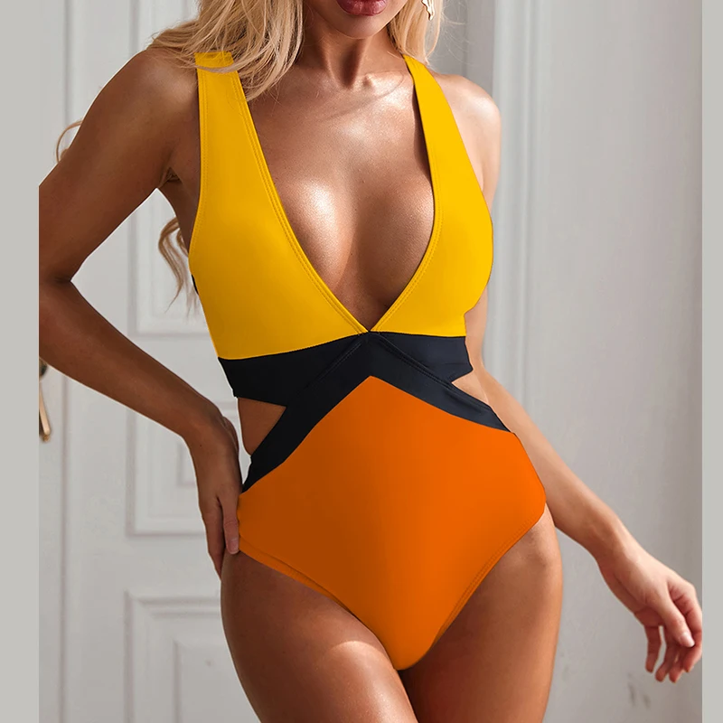 

AGOUTI Sexy Deep V One Piece Swimsuit Women Patchwork Swimwear Hollow out Bathing suit Extreme Bodysuits Monokini 2020 New