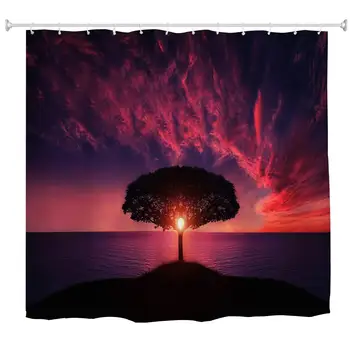 

Ocean Scenic Shower Curtain, Nautical Ocean Sunrise Through A Tree Landscape Bathroom Curtain, Coastal Scenery Waterproof Cloth