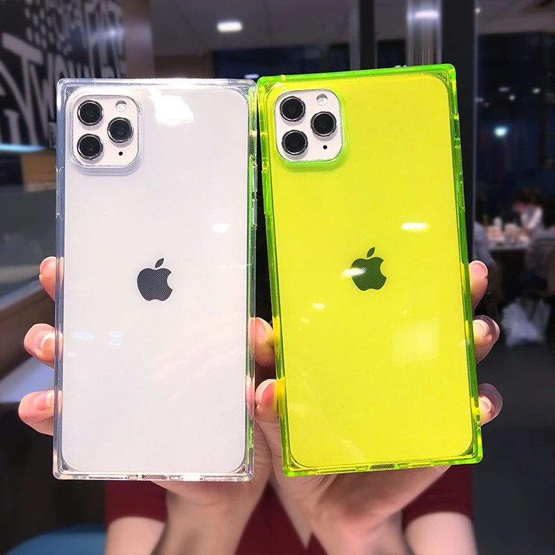 Square Fluorescent Color Transparent Phone Case For iPhone 15 Pro Max 14 13 12 11 X XS XR 7 8 Plus SE Clear Soft Silicone Cover