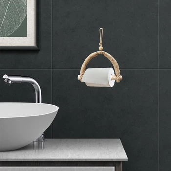 

Towel Rack With Bead Bathroom Toilet Paper Holder Kitchen Jute Rope Antique Industrial Wooden Stick Wall Mounted Home Office