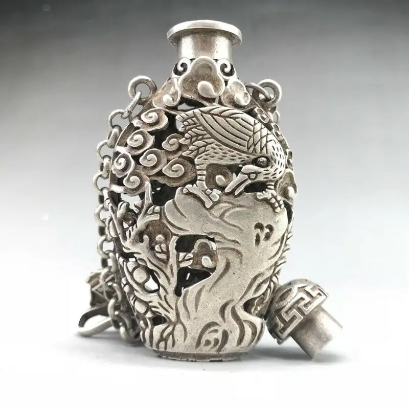 OLD CHINESE TIBETAN SILVER SNUFF BOTTLE HANDMADE HOLLOW EAGLE Parrot sachet 2