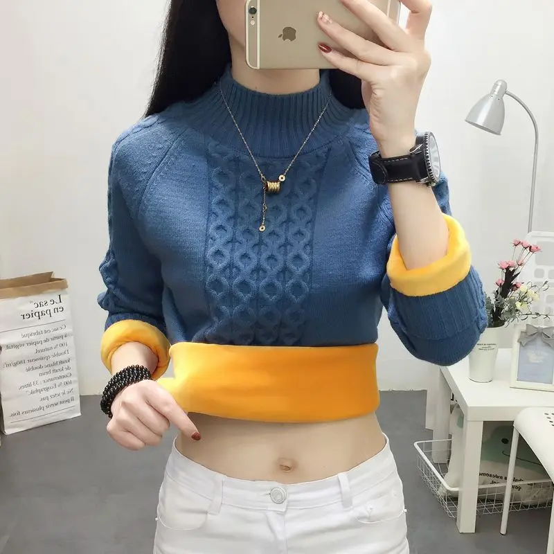 2019 winter new plus velvet thick loose sweater female solid color bottoming sweater 698