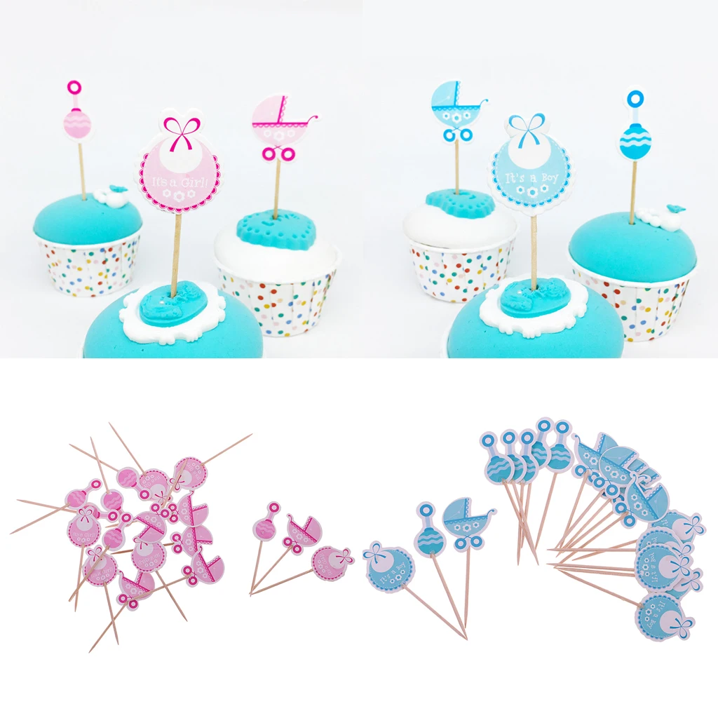 36 Pieces Sweet It's a Girl Boy Baby Announcement Cake Toppers Christening Party Supplies Cupcake Picks Pink Blue