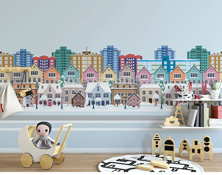 Пользовательские фото мультфильм картина город здание дом Детская спальня фон для детского сада Настенный декор Большие Настенные обои