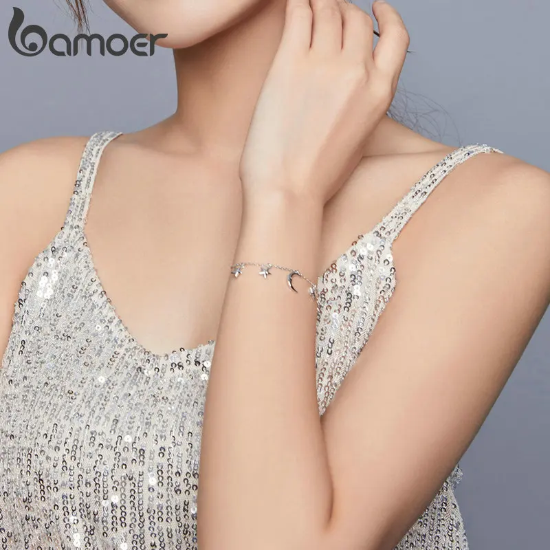 Женские браслеты цепочки bamoer Moon & Starsl из стерлингового серебра 925 пробы с