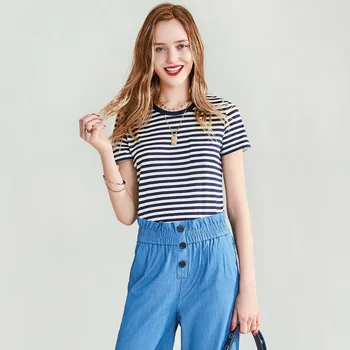 

HAVVA 2020 Summer New Breton Top Yarn-dyed British Stripe Women's Short-sleeved T-shirt T4736