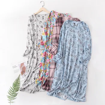 

Autumn women fashion loose cartoon print long sleeve knitted cotton casual nightgown female trendy color lounge sleepwear