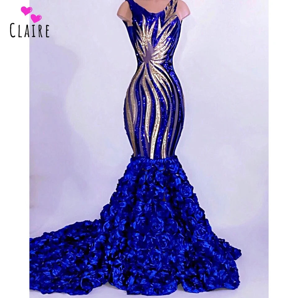 Royal Blue Prom Dresses Mermaid Gold Sequined Lace 3D Flowers Sweep Train Black Girls Evening Gowns African Style CP133