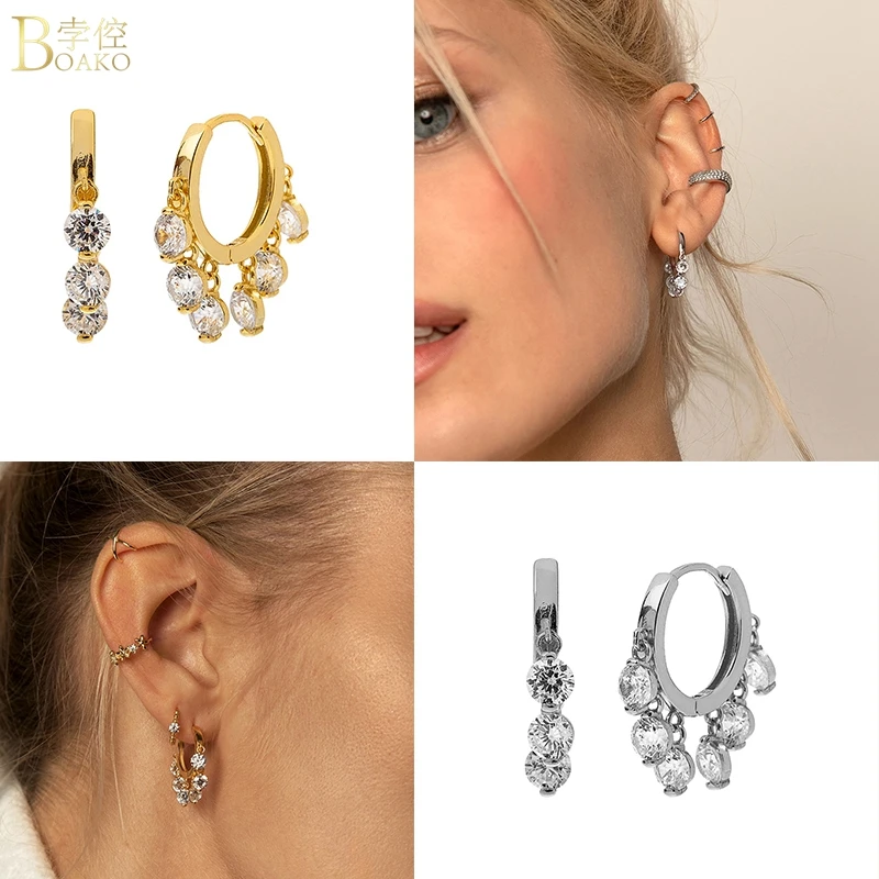 

BOAKO Plata De Ley 925 Hanging Round Hoop Earrings For Couples lovers' Wedding Engagement Gift Pendientes Aros Fine Jewelry