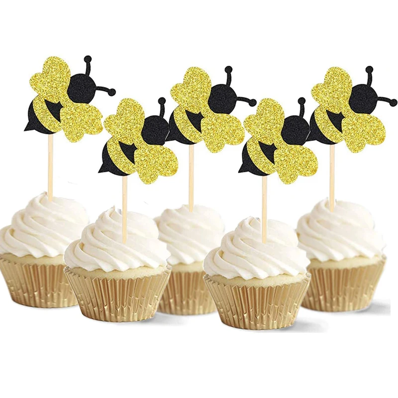 Gold One Bee Cake Topper - First Birthday Bee Cake Topper, Gold Glitter  Bumble Bee One Cake Topper for Gender Reveal Baby Shower Party Decorations