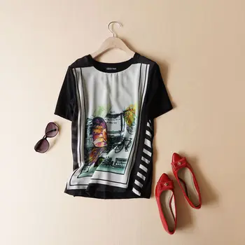 

New European and American wind silk cotton bicycle printing short sleeve blouse