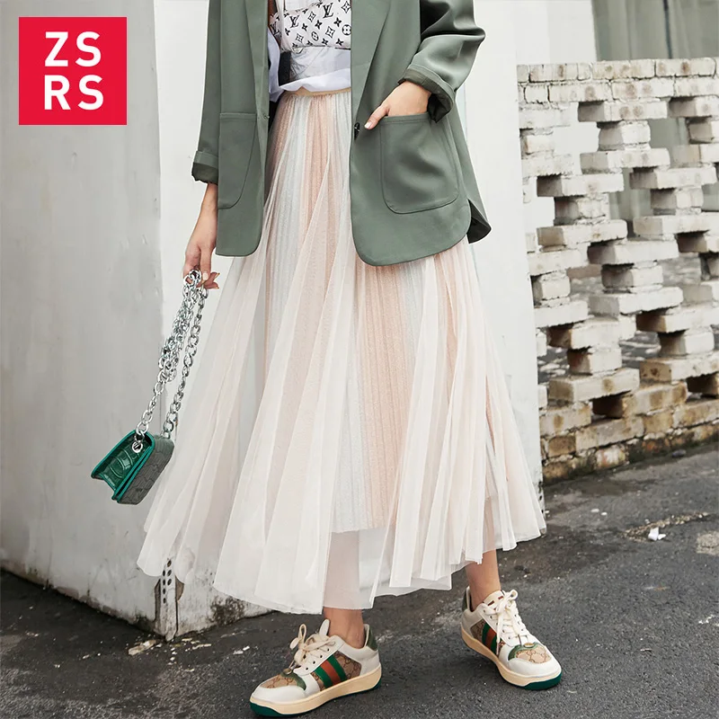 Zsrs 2020 New Spring Autumn Fashion Women's High Waist Pleated Solid Color Half Length Elastic Skirt Promotions Lady Blue Pink | Женская