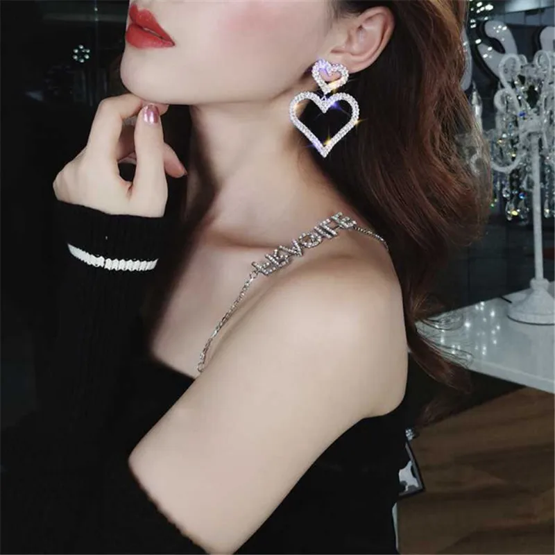 Creative Small Big Heart Drop Earrings For Women Shinning Rhinestone Femme Bijoux Cute Gifts | Украшения и аксессуары
