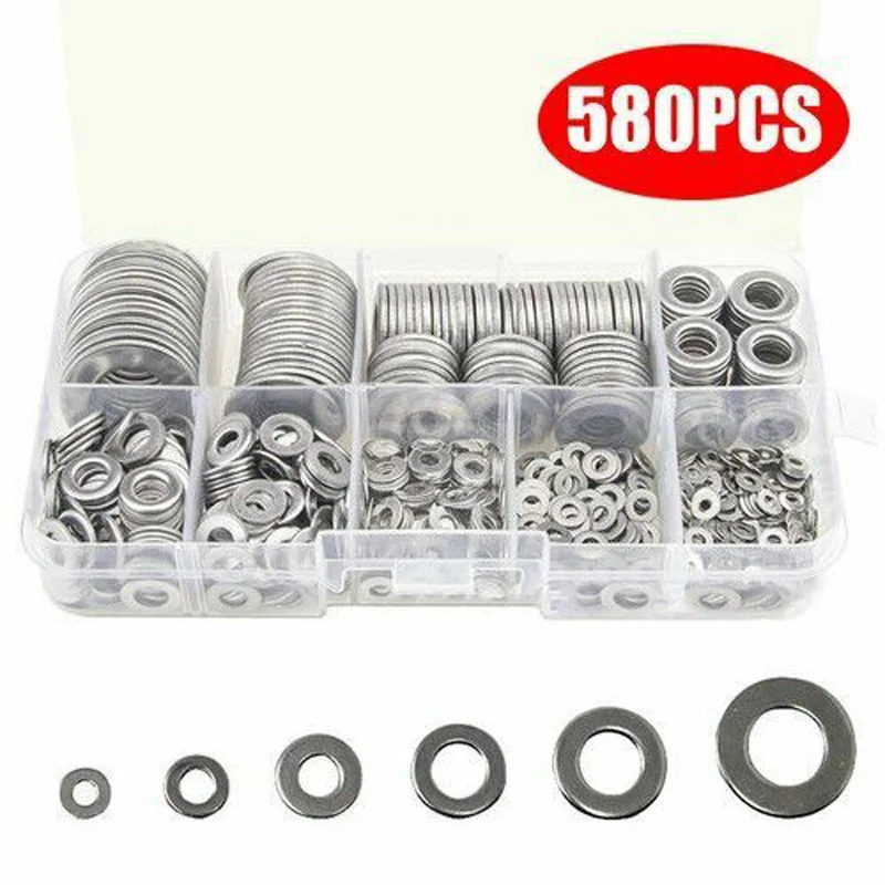 

580pcs/Set Stainless Steel Flat Washers Kit For M2 M2.5 M3 M4 M5 M6 M8 M10 M12