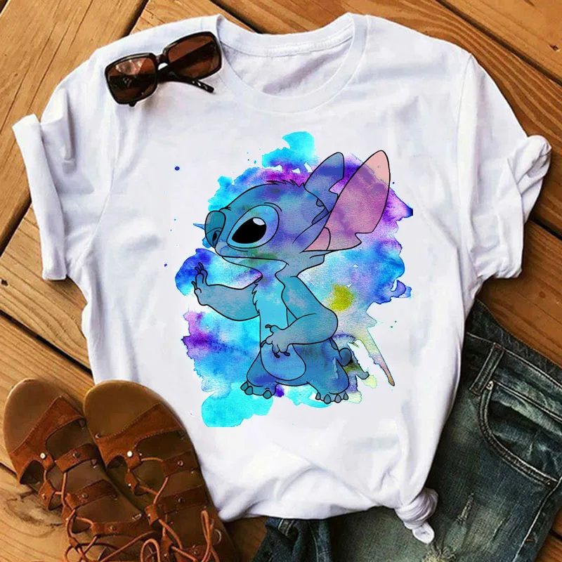 WT0429-White BONJEAN Lilo Stitch Harajuku Kawaii, женские футболки, модная футболка с милым мультяшным принтом, Женские повседневные топы, футболки - Цвет: WT0429-White