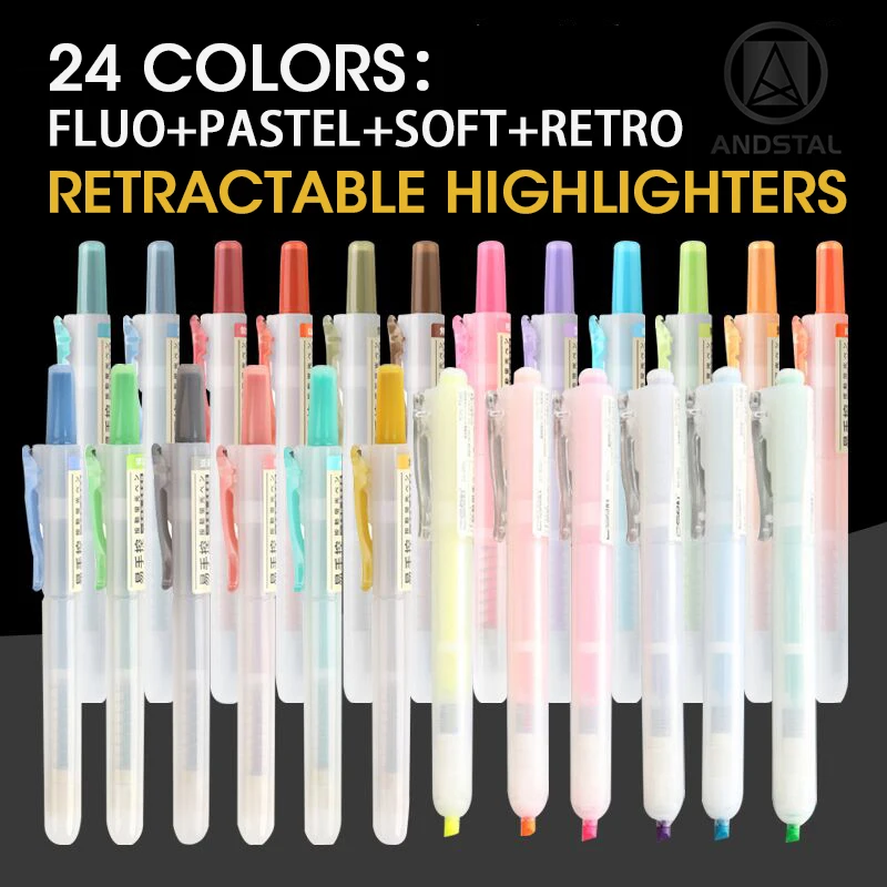 

Andstal 24 colors Retractable Highlighter Pen Refillable Pastel Fluo Soft Retro 6/12 Pcs Fluorescent Color for school marker set
