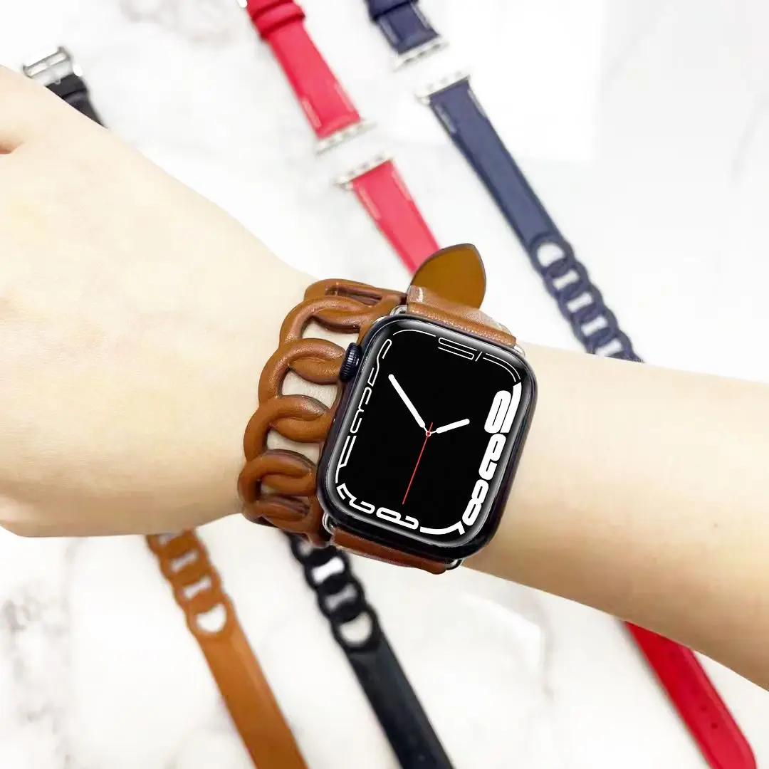 Leather Gourmette Double Tour Strap For Apple Watch Band 45mm/41mm Correa  42/38mm 44mm 40mm Bracelet Iwatch Series 7 6 5 4 3 Se - Watchbands -  AliExpress