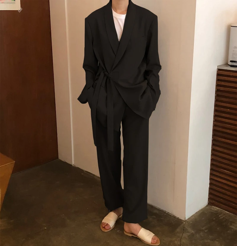 Korean Women Suits Vintage Pant Suits for Women Tailleur Femme Oversize Black Blazer Set Conbinaison Femme Ropa Traje Mujer