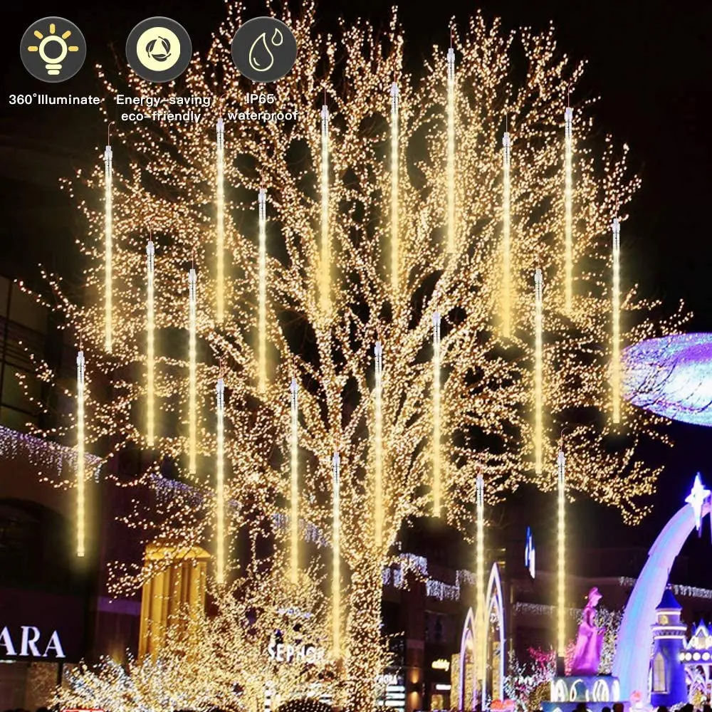 

LETOUR Meteor Shower Rain Lights 50cm 10 Tubes 480 LEDs Falling Rain Drop 700Lumens Icicle String Lights for Tree Decoration