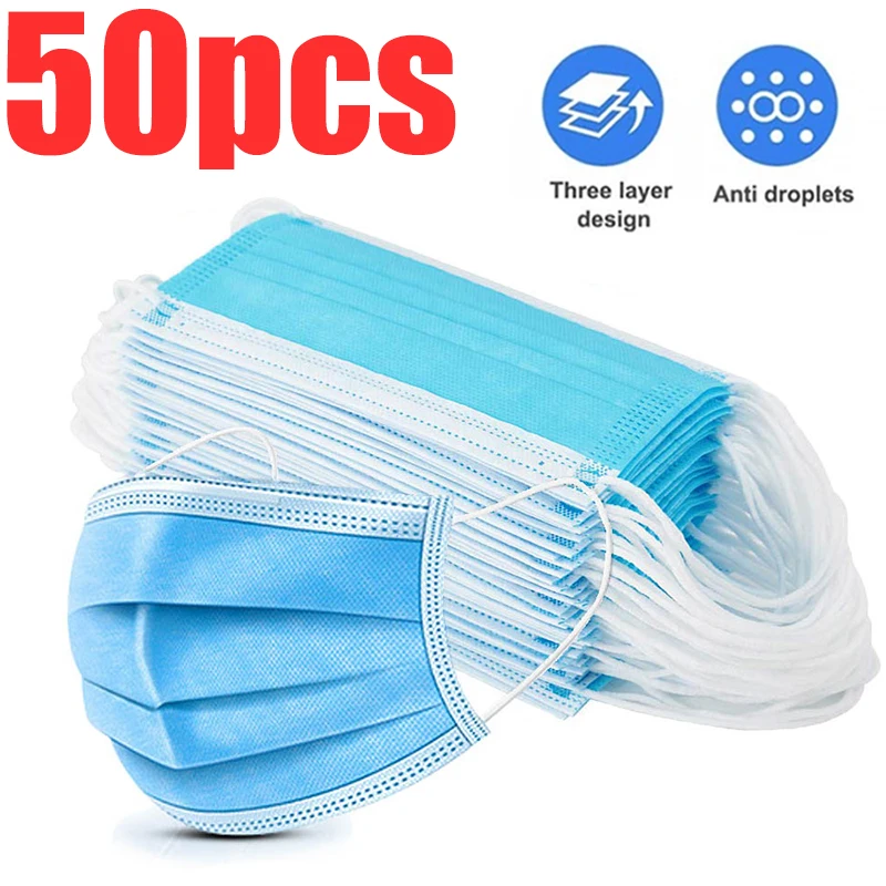 

50pcs Disposable Protective Maska 3 Layer Nonwove Ply Filter Mouth Face Mask Anti-Dust Anti-Fog Meltblown Earloop Mouth Masks