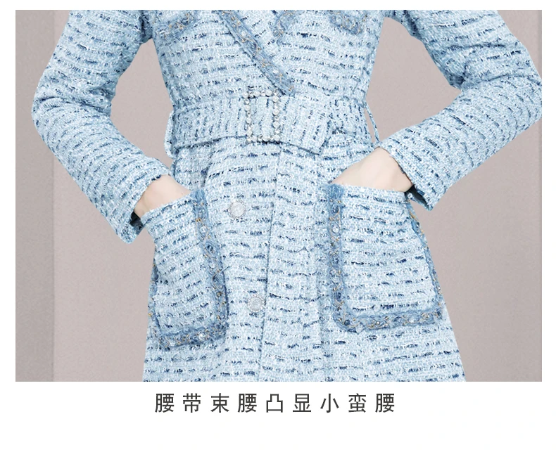 Fashion Blue Small Fragrant Wind Tweed Women Blazer Coat 2022Winter New Jackets Office Lady Temperament Suit Woolen Coat + Belt women's down coats & jackets