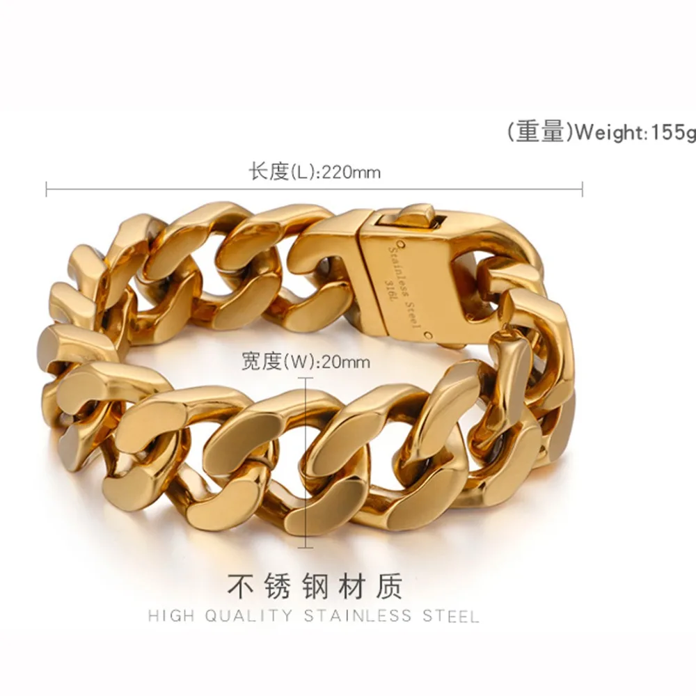 Высокое качество мужской браслет ювелирные изделия 22 см нержавеющая сталь золотой цвет тяжелый массивный звено цепи браслеты и браслеты