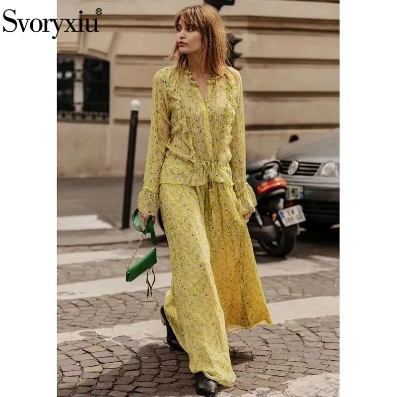 

Svoryxiu Elegant Flower Print Bohemian Holiday Chiffon Long Dress Women's Flare Sleeve Stand Collar Autumn Winter Runway Dress