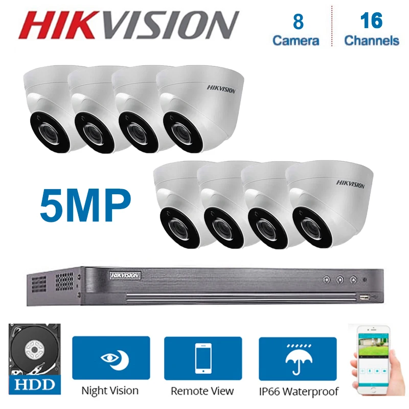 Hikvision 16 каналов DVR видеонаблюдение с 8 шт. 5MP купольная камера для помещений ночное