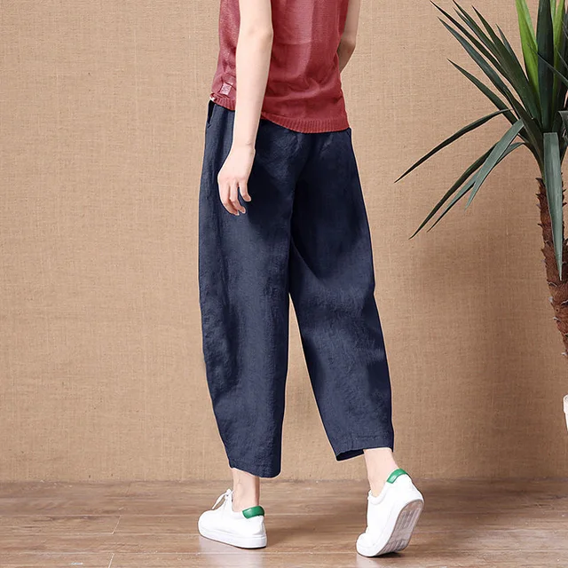 ShiMai Women's Cotton Linen Pants Elastic Waist Vintage Trousers Lady Loose Casual Pants S-5XL Retro Literary Cotton Trousers Dark blue