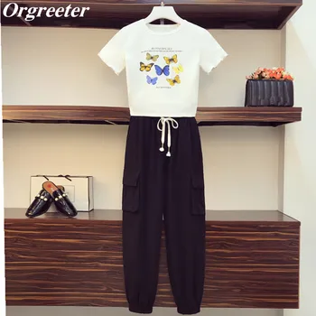 

Summer Fall Cargo Pants Two piece set Korean New Streetwear Butterfly Print Tshirt and Jogges Sweatpants Suits Trouser Sets