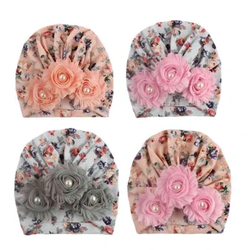 

4 Pcs Baby Accessories Newborn Infant Kids Baby Boy Girl Indian Turban Twist Knot Beanie Hat Pearl Flower Soft Cap