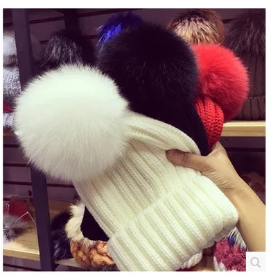 Hot Sale Winter Baby Women Kid Hat Real Fox Fur Hats Mom Baby Hat with Pompon Family Matching Beanie Hairball Kids Cap Outfits