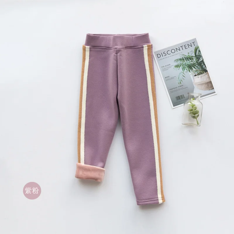 Pink Детские зимние штаны для девочек; хлопковые теплые брюки в полоску; детские бархатные утепленные брюки; Детская Спортивная школьная верхняя одежда - Цвет: Pink