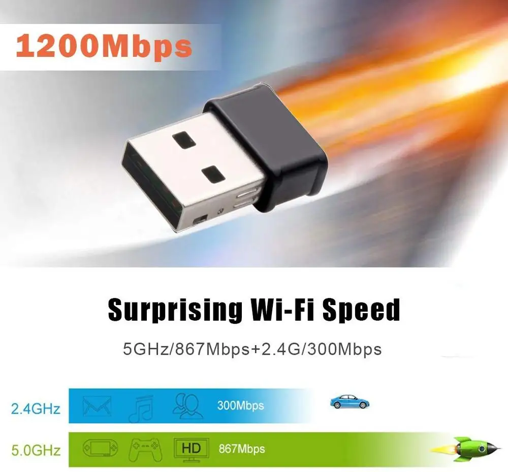Беспроводной USB Wi Fi ключ 1200 Мбит/с для настольного ПК ноутбука 5 ГГц/867 + 2 4G/300