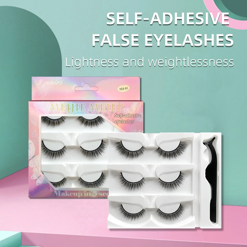 

3 Pairs-Reusable Self-adhesive False Eyelashes with Tweezer Waterproof Adhesive Tape Eye Lashes to Wear No Glue Needed Natural