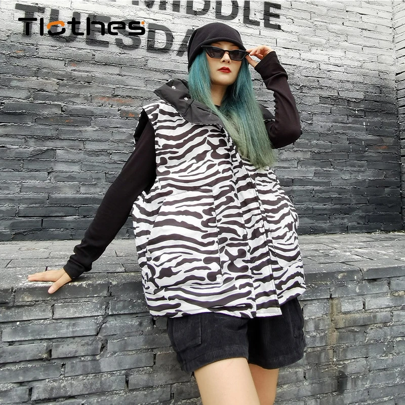 

Streetwear Zebra Pattern Printing Jacket Women Loose Warm Waistcoat Autumn Winter Reversible Sleeveless Puffer Jacket Women