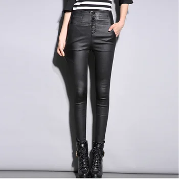 

Autumn Winter 2020 New Black PU Leather Pants Women Velvet Pants Button Stretch Skinny Trousers Pencil Leather Leggings Female