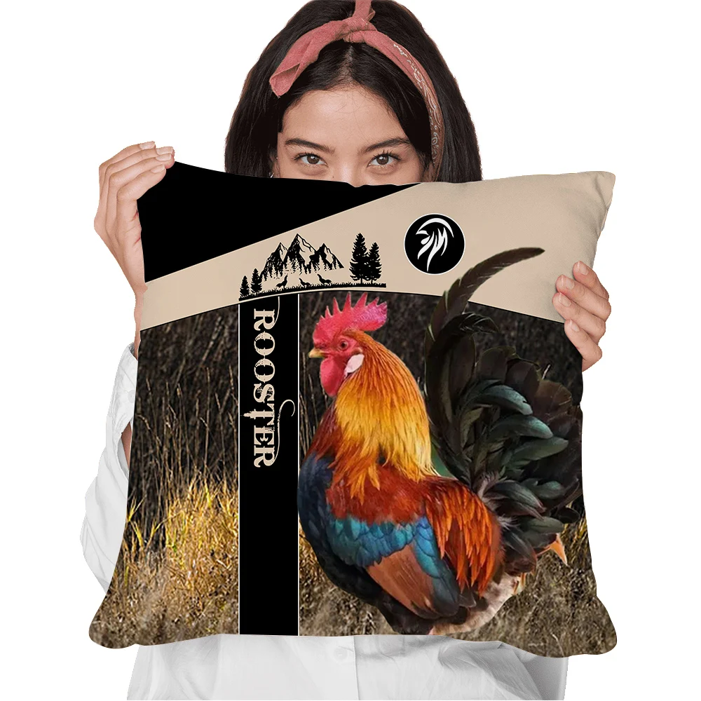 

HX Rooster Lovers Pillow Case 3D Graphic Grass Rooster Splicing Polyester Zip Cover Cushion Fashion Pillow Cases