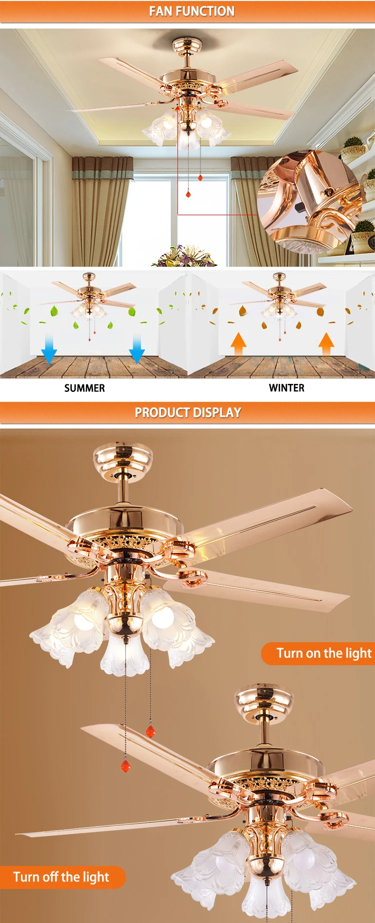 Golden Metal Fancy Decorative Light Ceiling Fan Remote Control Steel Blade Ceiling Fan Light With Customized Design