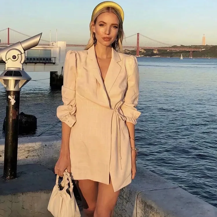 INS Fashion Blogger, стиль знаменитостей, Пышный рукав, женский костюм, 19, осенний стиль, однотонный, на шнуровке, с талией, облегающий костюм, платье