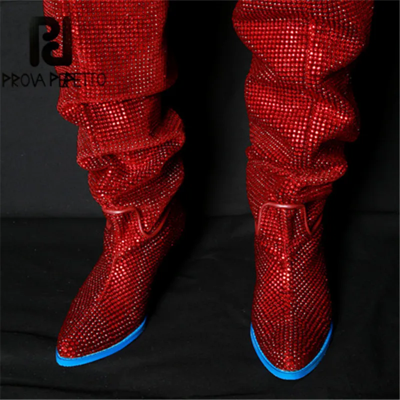 Prova Perfetto стразы украшение выше колена Длинные трубы bottes femme низкий каблук Platorm сапоги для женщин водонепроницаемый натуральная кожа